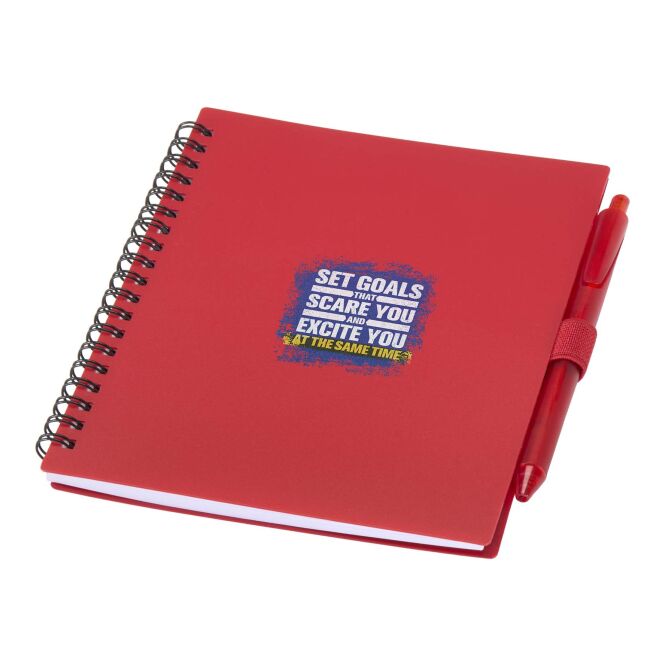 Mitarbeitergeschenk Notizbuch Niove – rot – 48h Express-Logodruck 140x178mm 100% recycelter Kunststoff nachhaltiges Journal für CSR