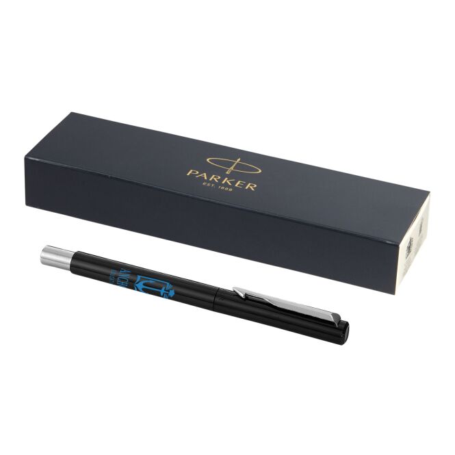 Firmengeschenk Parker Vector Rollerball mit Express-Logodruck – Edelstahl – Schwarz – hochwertiges Schreibgerät für Büro und Kunden