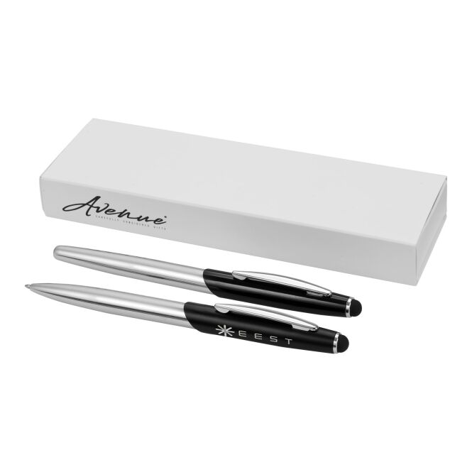 Firmengeschenk Schreibset Geneva – silber-schwarz – mit Logo bedruckt 48h Express-Druck 3-teilig mit Stylus, Kuli & Rollerball für Konferenzen
