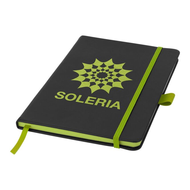 Kundengeschenk Colour-Edge Notizbuch A5 – schwarz-limone – mit Logo geprägt 48h Express-Prägung für den Büroalltag