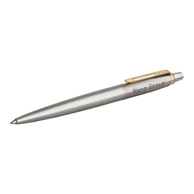 Kundengeschenk Parker Jotter Edelstahl Kugelschreiber – edelstahl grau – mit Gravur 48h Express-Gravur blau schreibend für den Büroalltag