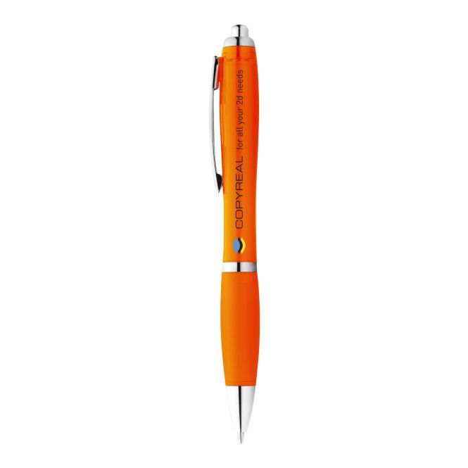 Werbeartikel Nash Druckkugelschreiber – orange – mit Logo bedruckt 48h Express-Druck blau schreibend für den Büroalltag