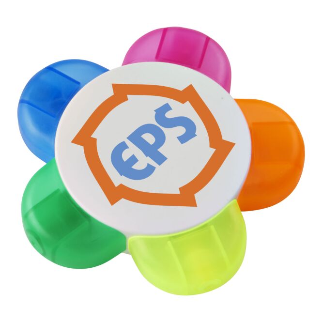 Messe-Giveaway Flower Textmarker mit Express-Druck – Weiss – bunter 5er Markierer für Büro und Schreibtisch