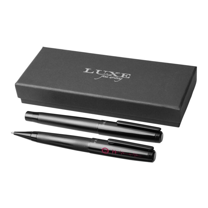 Firmengeschenk Gloss Duo-Stift-Set mit Express-Druck – aus Metall – Schwarz – edles Schreibset für Büro und Geschäftsmeetings