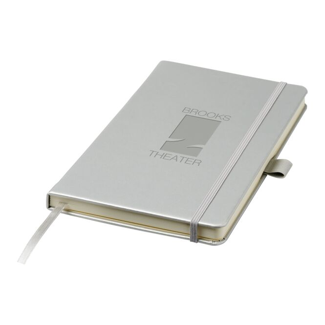 Kundengeschenk Nova Notizbuch DIN A5 – silber – mit Logo bedruckt 48h Express-Druck 14,2x21,4 cm Kunstleder für Meetings & Konferenzen