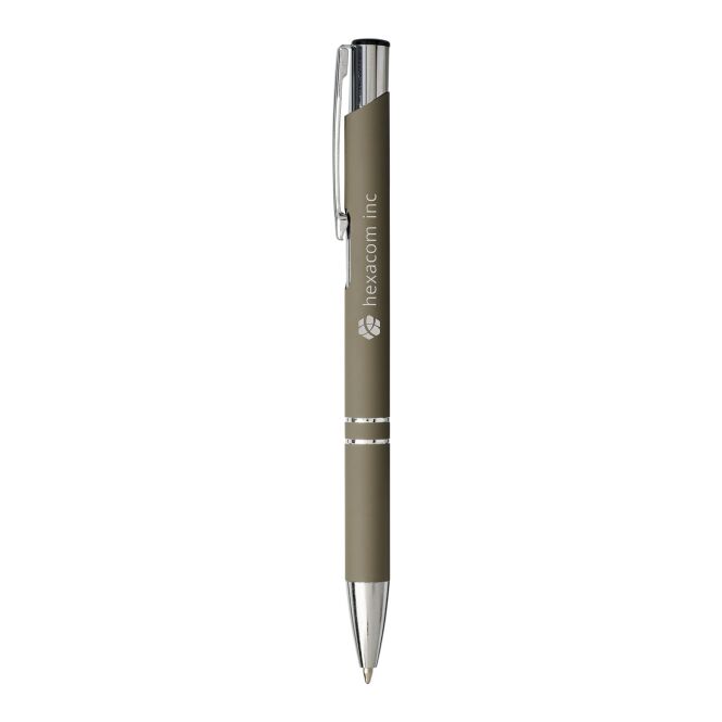 Firmengeschenk Metall-Kugelschreiber Moneta Soft Touch – dunkelgrau – mit Gravur 48h Express-Gravur Druckkugelschreiber schwarz schreibend