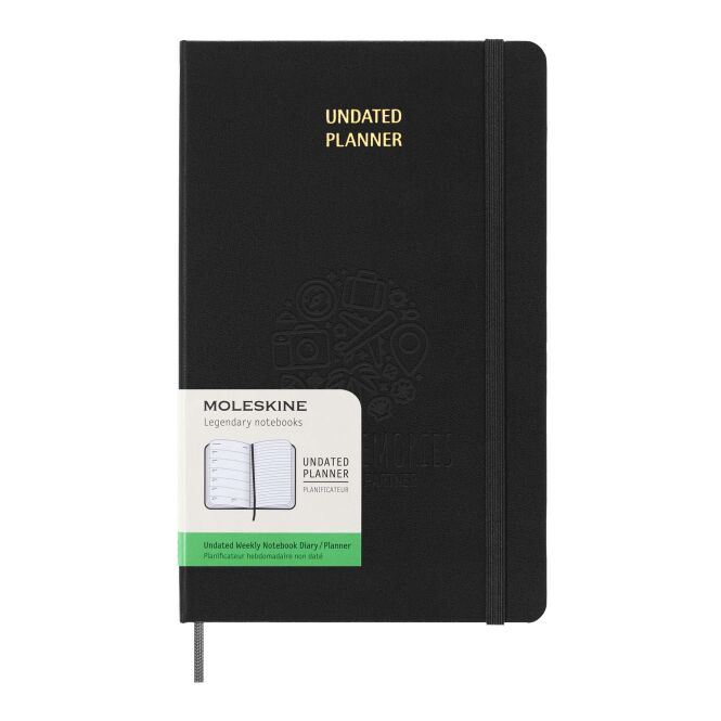 Kundengeschenk Moleskine Wochenplaner L – schwarz – mit Logo geprägt 48h Express-Prägung DIN A5 für den Büroalltag