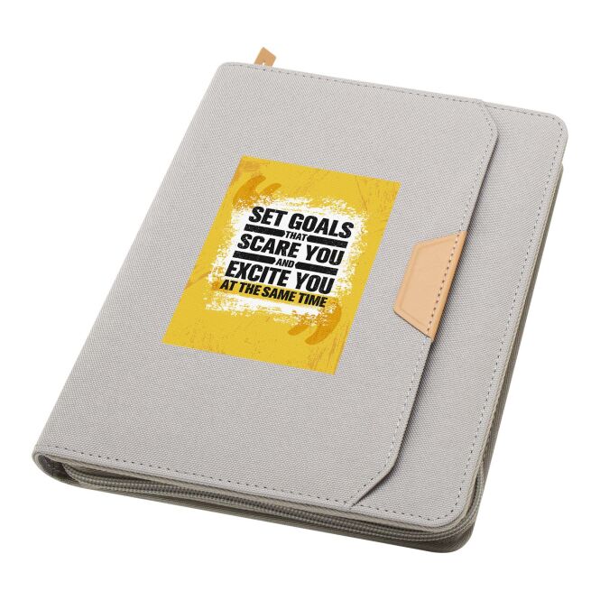 Kundengeschenk Notizbuch Nomumi A5 – grau – mit Logo bedruckt 48h Express-Druck aus recyceltem Kunststoff für den Büroalltag