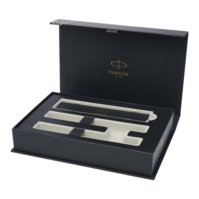 Firmengeschenk Parker IM Essentials Schreibset – silber – mit Gravur 48h Express-Gravur 2-teilig mit Rollerball & Kugelschreiber für Konferenzen