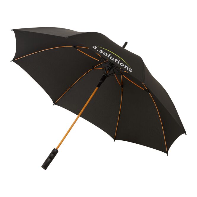 Werbeartikel 23 Zoll Spark Automatikschirm mit Express-Logodruck – Orange-Schwarz – Windfester Regenschirm für Firmen