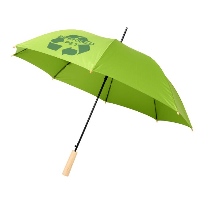 Werbeartikel Alina 23 Zoll Automatikschirm mit Express-Logodruck – Limone – nachhaltiger Regenschirm aus recyceltem PET für Firmen