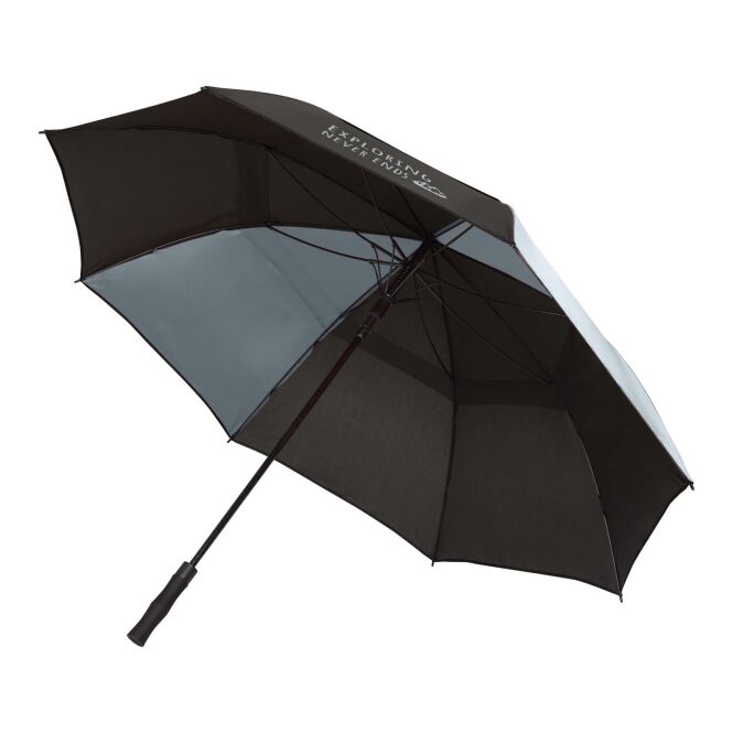 Firmengeschenk Golf-Sturmschirm Jeff mit Express-Logodruck – 55 Zoll – Grau – windfester Regenschirm für Events und Firmen