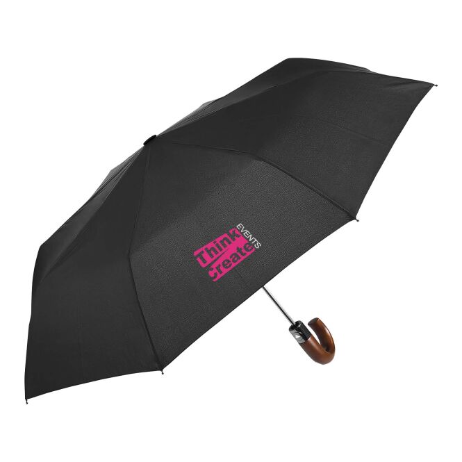 Mitarbeitergeschenk Taschenschirm Citizen Green Pepin – schwarz – mit 48h Express-Logodruck 95cm Ø kompakter Regenschirm