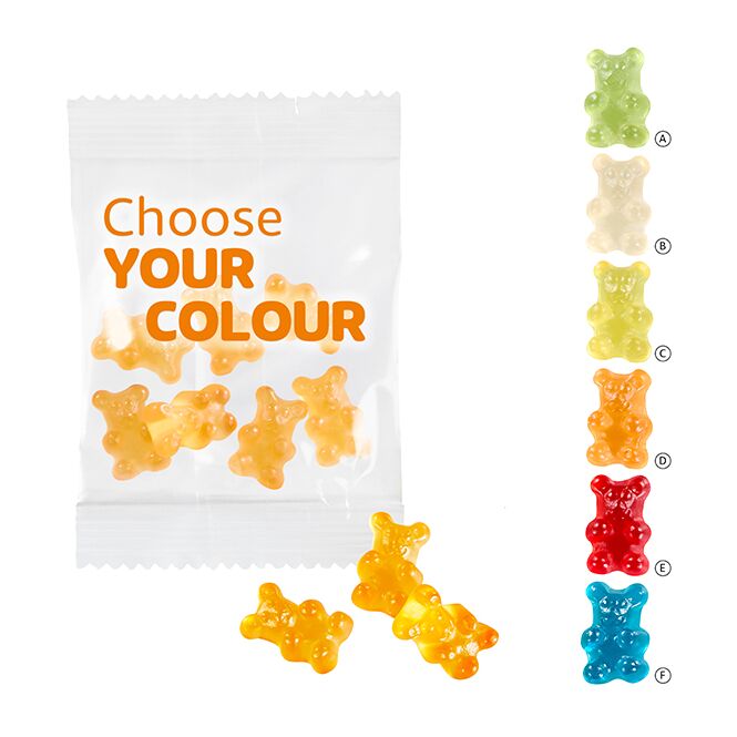 Streuartikel Premium-Bärchen Gummibärchen – mit logo bedruckt – 10 g für Messen und Events an potenzielle Kunden als süßes Werbegeschenk