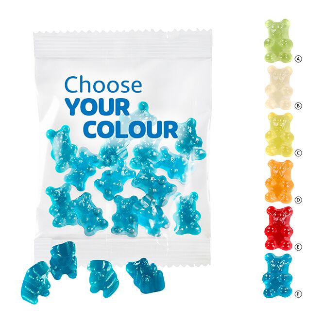 Streuartikel Premium-Bärchen – gummibärchen in 6 farben – inkl. Werbeaufdruck 20 g als ideales Werbegeschenk für Kunden und Mitarbeiter