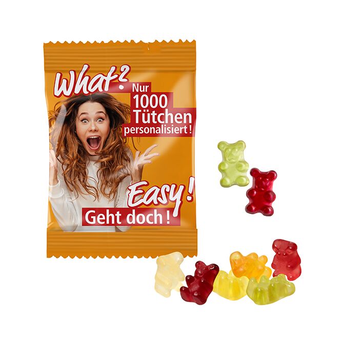 Streuartikel Easy Bärchen – bunt – mit bedrucktem Etikett 10g als Werbemittel für potenzielle Kunden auf Messen und Events für Unternehmen