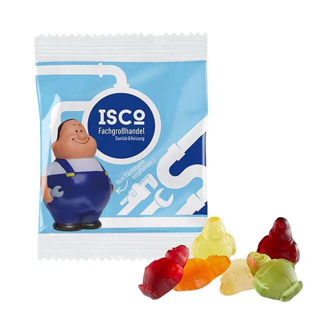 Streuartikel Herr Bert® SQUEEZIES® Kautrainer – bunt gemischt – mit individuellem Etikett 10 g als Werbegeschenk für Messen und Events