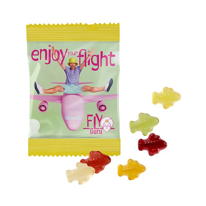 Streuartikel Bären Company VEGANE Fruchtgummi – vegan – mit bedrucktem Etikett 10 g als Werbemittel für Messen und Kunden perfekt geeignet