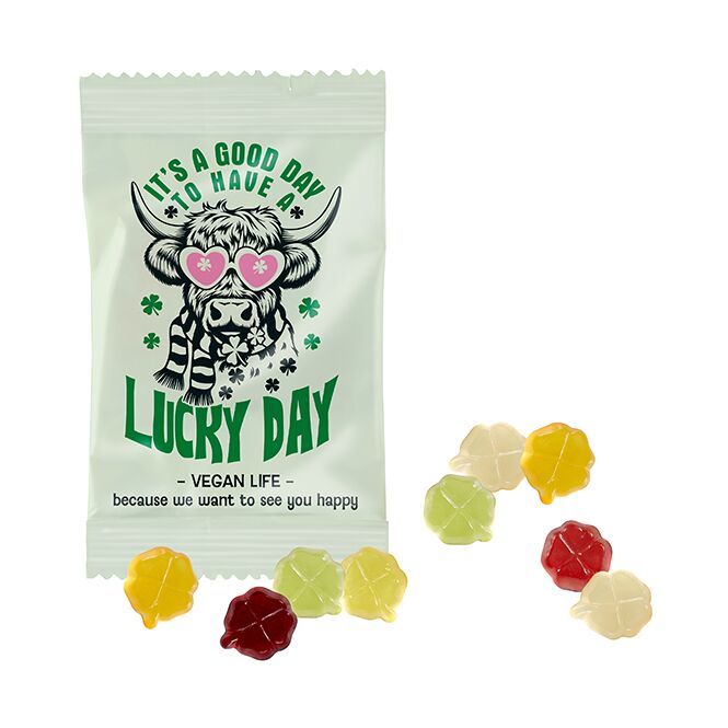 Streuartikel Bären Company VEGANE Fruchtgummi – bunt gemischt – mit individuellem Etikett 15 g als Werbemittel auf Messen für Kunden und Partner