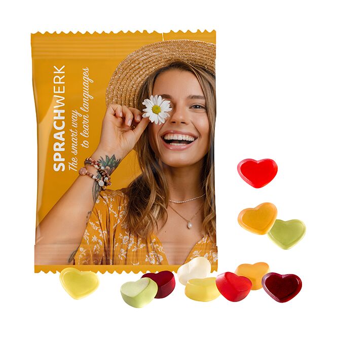 Streuartikel Bären Company vegane Fruchtgummis – bunte mischung – mit individuellem Etikett 20 g als Werbemittel für Messen und Events