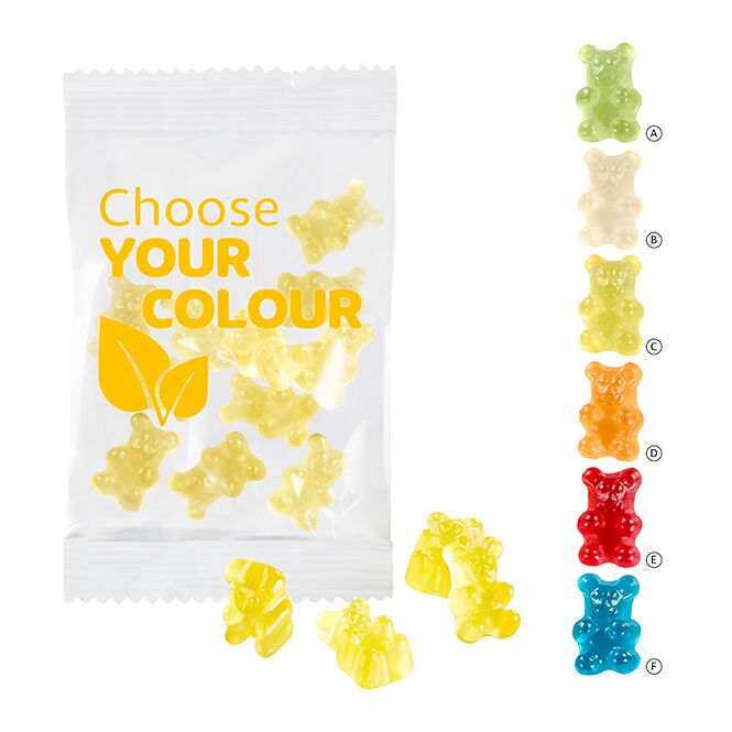 Streuartikel VEGANE Premium-Bärchen 15 g – yellow – mit Logo bedruckt 15 g als ideales Werbemittel für Messen und Firmen-Events