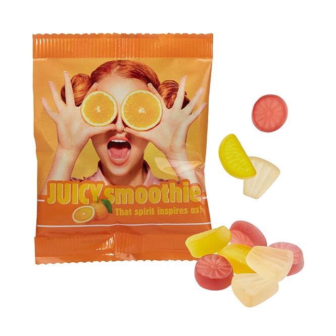 Streuartikel Vegane Exotic-Früchtchen – bunt gemischt – mit individuellem Etikett 10g als süßes Werbegeschenk für Kunden und Mitarbeiter