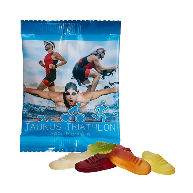 Streuartikel Vegane Jogger-Fruchtgummis – bunt gemischt – mit Werbeaufdruck zur Verteilung als Give-away für Kunden auf Messen und Events