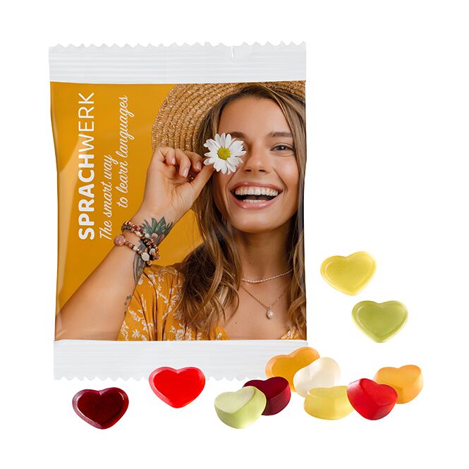 Streuartikel Bären Company vegane Fruchtgummis – bunte mischung – mit Logo bedruckt 20 g als Werbemittel auf Messen und Events für Neukunden