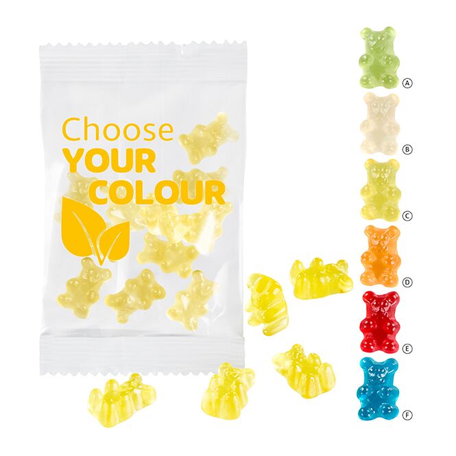Streuartikel Premium-Bärchen Gummibärchen – orange – mit individuellem Etikett 15 g für den Einsatz als Werbemittel auf Messen und Events