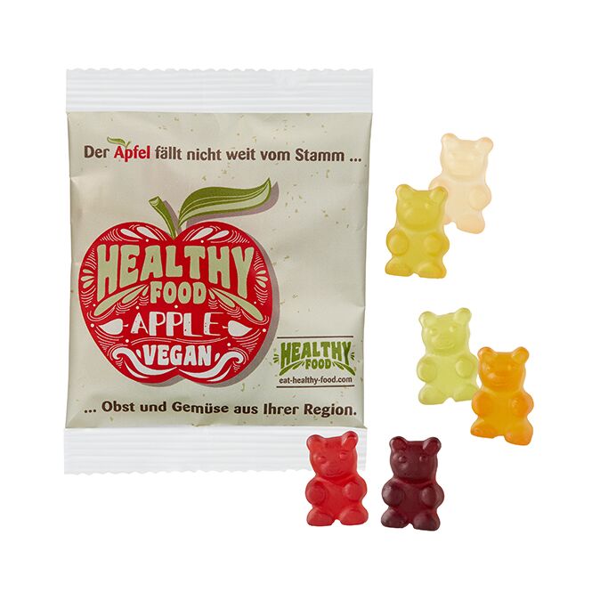 Streuartikel Vegane XXL-Gummibärchen – bunt gemischt – mit Logo bedruckt als nachhaltiges Werbemittel für Messen und Firmenevents