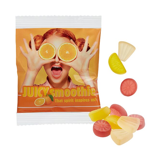 Streuartikel Vegane Exotic-Früchtchen Tütchen – exotic-fruchtgummi – mit Logo bedruckt 10g als Werbemittel für Messen und Business-Events