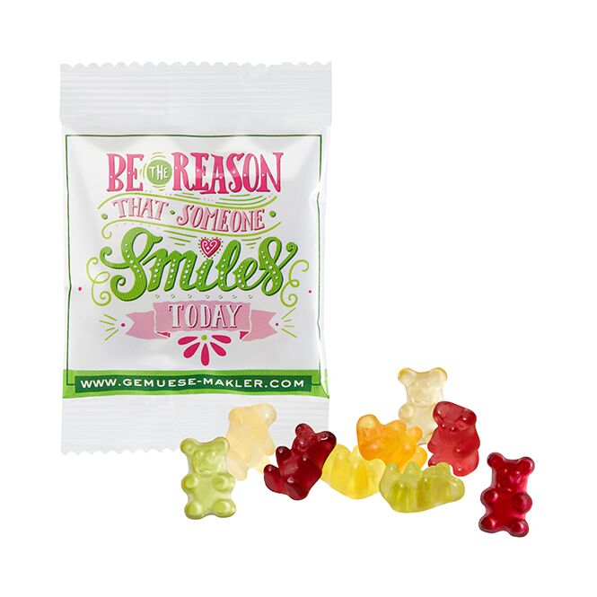 Streuartikel Vegane Smart-Bärchen Gummibärchen – weiß – mit Logo bedruckt 10g als leckeres Werbemittel für Messen und Events an potenzielle Kunden