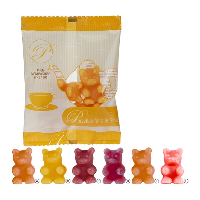 Streuartikel Tee-Bären® Fruchtgummi – weiß – mit Logo bedruckt in 10 % Fruchtgehalt für Messen und Events für potenzielle Kunden und Partner