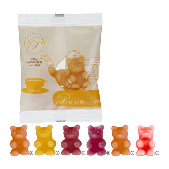Streuartikel Tee-Bären® Fruchtgummi – transparent – mit bedrucktem Etikett ca. 10g als leckeres Werbemittel auf Messen für potenzielle Kunden