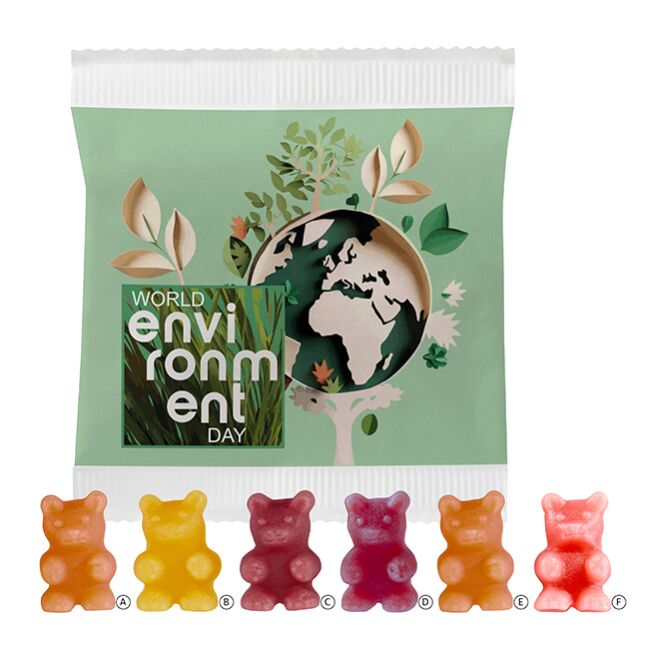 Werbeartikel Tee-Bären® Fruchtgummi – mit tee-extrakt – mit bedrucktem Etikett ca. 10g als Give-away auf Messen für potenzielle Kunden