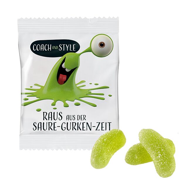 Werbeartikel Vegane Saure Gurken Fruchtgummi – sauer – mit individuellem Werbeaufdruck für Messen und Events an potenzielle Kunden und Partner