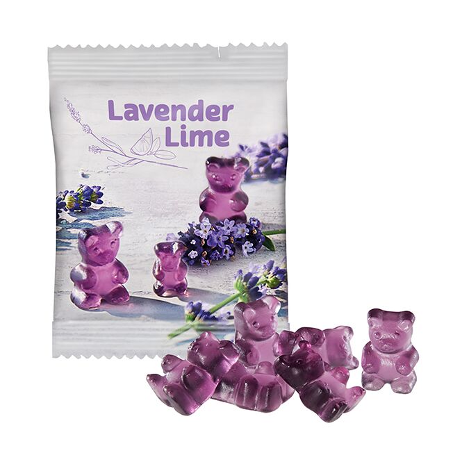 Streuartikel XXL-Bärchen Lavender Lime – lavendel-limette – mit individuellem Etikett für Werbezwecke auf Messen und Firmen-Events