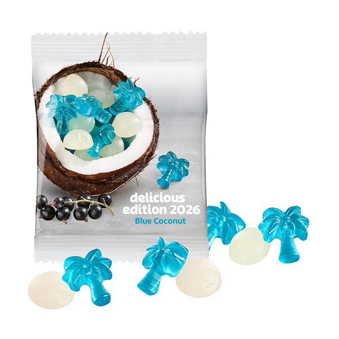 Streuartikel Blue Coconut Fruchtgummi – mit fruchtiger geschmacksmischung – mit individuellem Etikett 100 g für Messen und Firmenevents