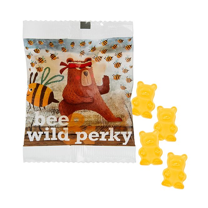 Streuartikel Honig-Bärchen Gummibärchen – weiß – mit Logo bedruckt als ideales Giveaway für Messen und Events für potenzielle Kunden
