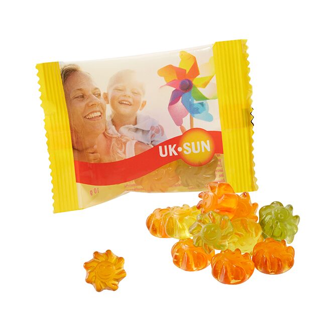 Werbeartikel veganes Wohlfühlfruchtgummi Aloe Vera – bunt gemischt – mit individuell bedrucktem Etikett 10g für Messen und Events