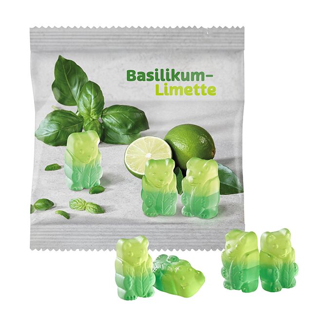 Streuartikel Vegane Basilikum-Limetten Bärchen im Tütchen – basilikum-limette – mit individuell bedrucktem Logo für Messen und Firmenevents