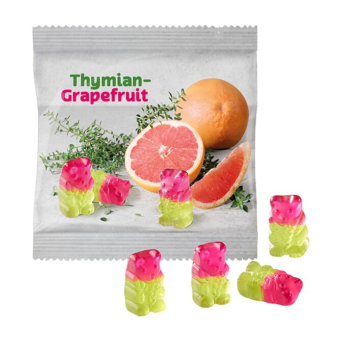 Werbeartikel Fruchtgummis vegane Thymian-Grapefruit Bärchen – mit logo bedruckt – 10g als Streuartikel für Messen und Firmenevents