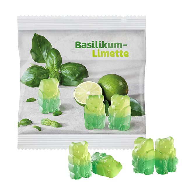 Streuartikel Vegane Basilikum-Limetten Bärchen – fruchtig-spritzig – mit Logo bedruckt als Give-away für Kunden auf Messen und Events
