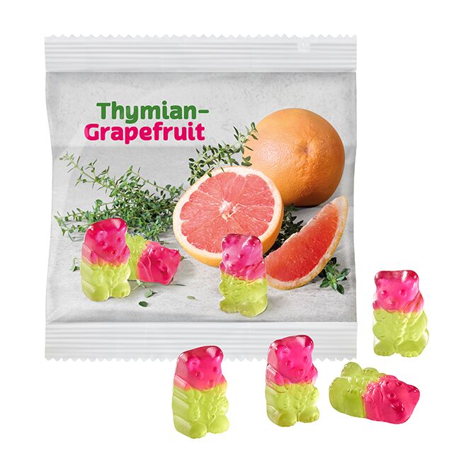 Streuartikel Fruchtgummi Bärchen Thymian-Grapefruit – vegan – mit bedrucktem Etikett für Messen und Events an potenzielle Kunden als Giveaway