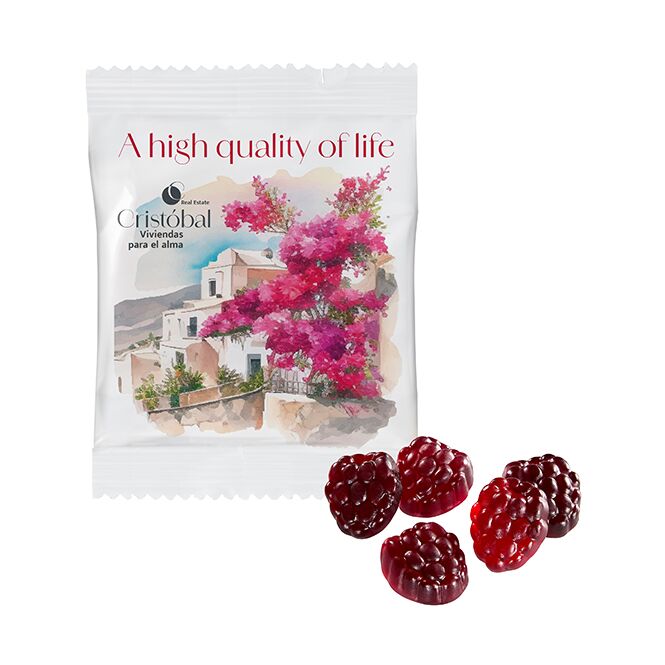 Streuartikel veganes Fruchtgummi -80% zucker – mit Werbeaufdruck 10g als Give-away für Kunden und Geschäftspartner auf Messen und Events