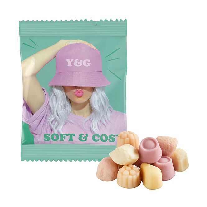 Streuartikel Katjes Yoghurt-Gums – fruchtig & bunt gemischt – mit bedrucktem Etikett Inhalt individuell für Messen und Firmen-Events