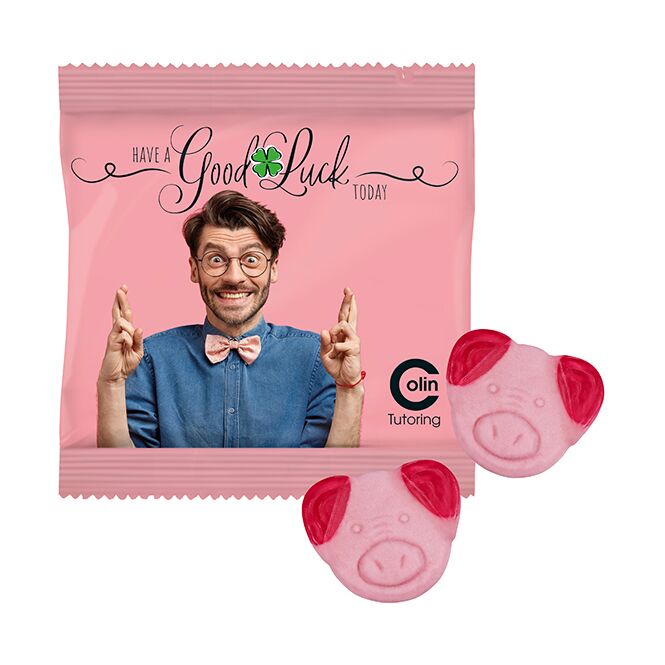 Streuartikel Katjes Fred Ferkel – traube erdbeere kirsche himbeere – mit individueller Banderole 100 g als leckeres Giveaway für Messebesucher
