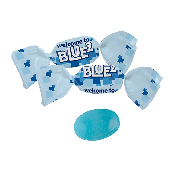 Streuartikel Bonbons – blaues bonbon – mit individuell bedrucktem Etikett auf kompostierbarem Wickel für Messen und Events für Kunden