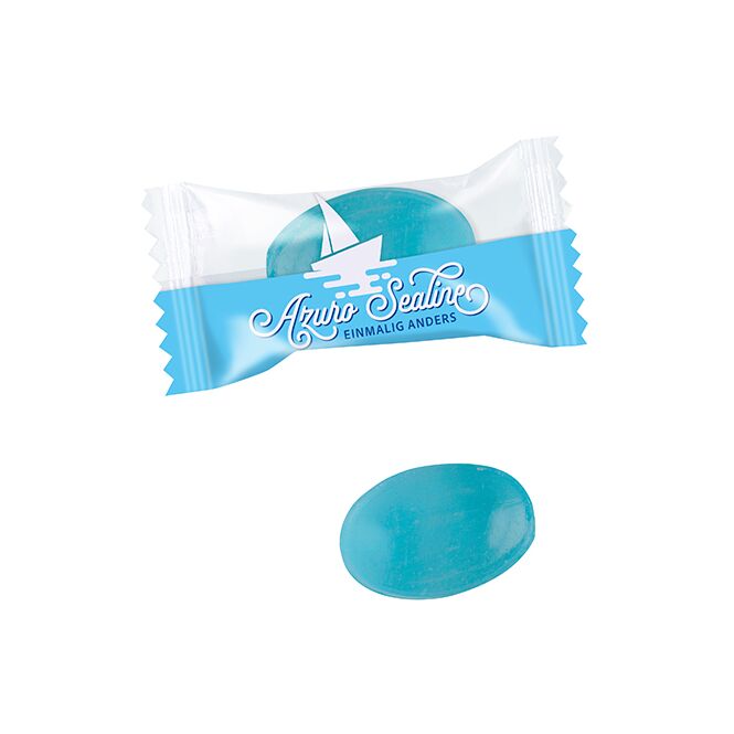 Streuartikel Bonbons Flowpack – blau – mit Werbeaufdruck für Messen und Events. Der ideale Werbeartikel für Kunden und Mitarbeiter.