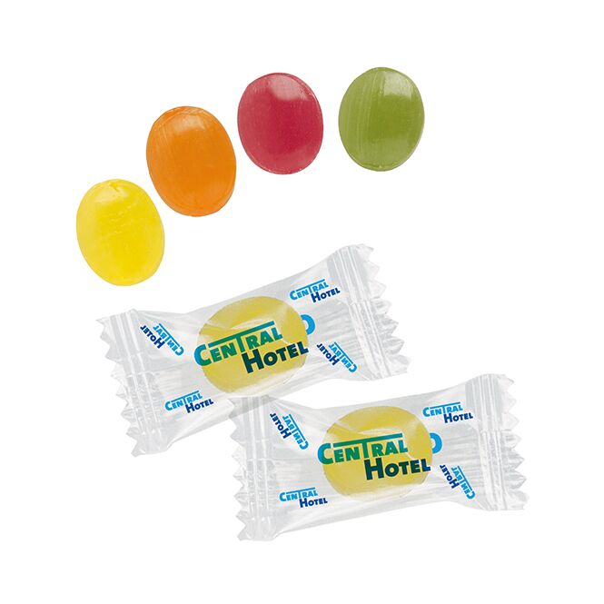 Werbeartikel Mini-Bonbons im Flowpack – mini-bonbon – mit individuellem Etikett für Messen und Events an potenzielle Kunden als giveaway